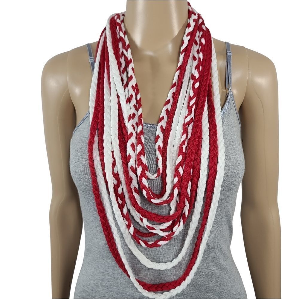 Banded Red and white braid womens infinity scarf